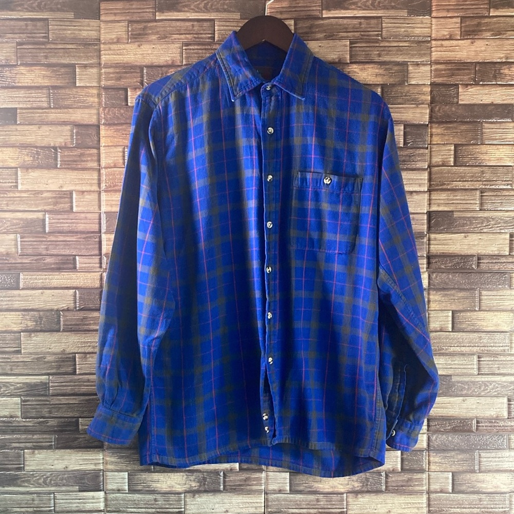 Vintage Mens Medium High Sierra Mervyn’s Blue Plaid Flannel Shirt